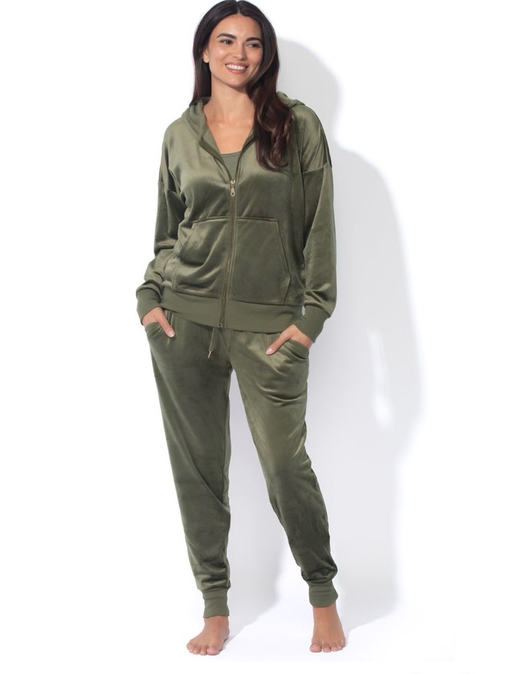 Felina Olive Velvet Jogger Set - Hooded Track Pants